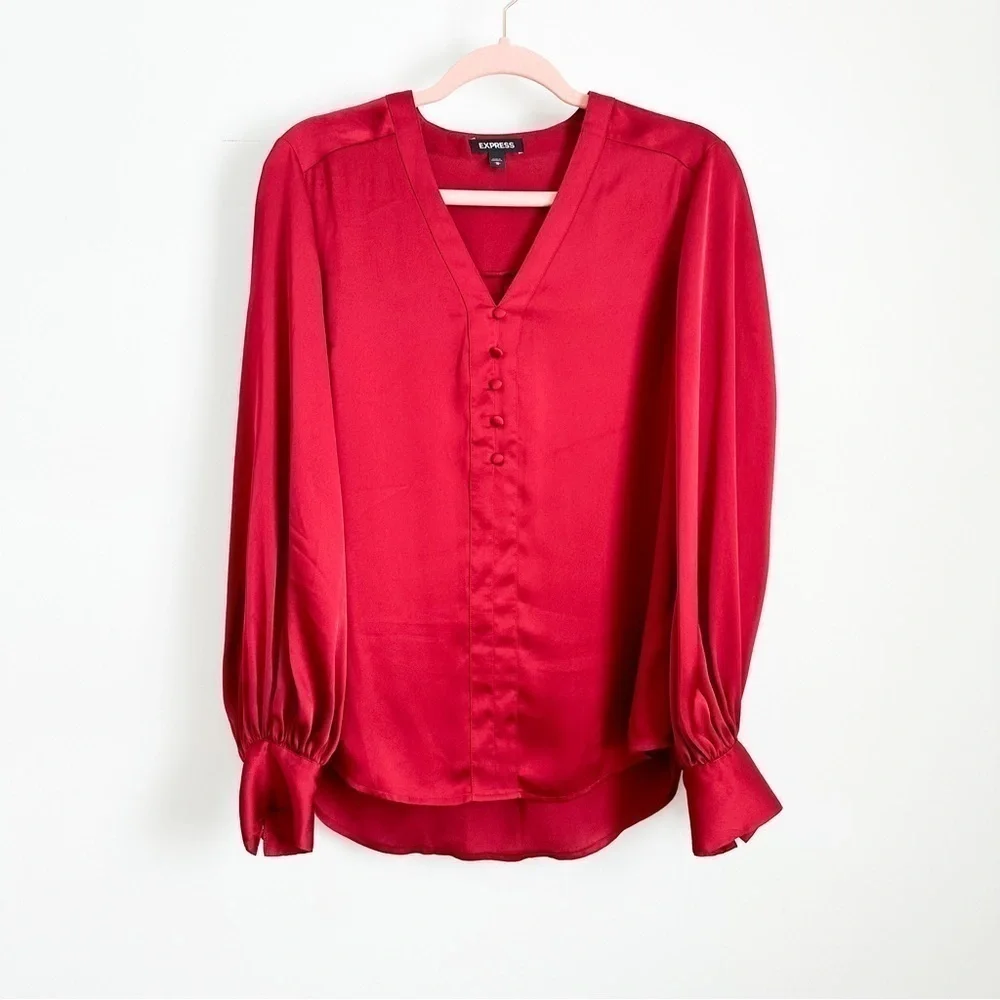 Express Satin Silky V neck Button Detail Balloon Sleeve Blouse Top Crimson Med
